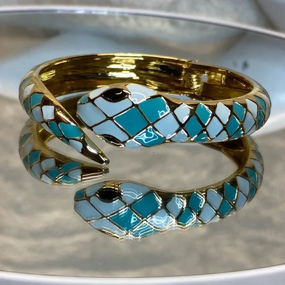 Snake Cuff Bracelet Gold-plated Inlaid Teal & White Enamel Bangle Bracelet sze 8